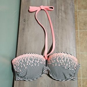 Victoria's Secret Coral Sequin Black & White Striped Bikini Top Sz 34D